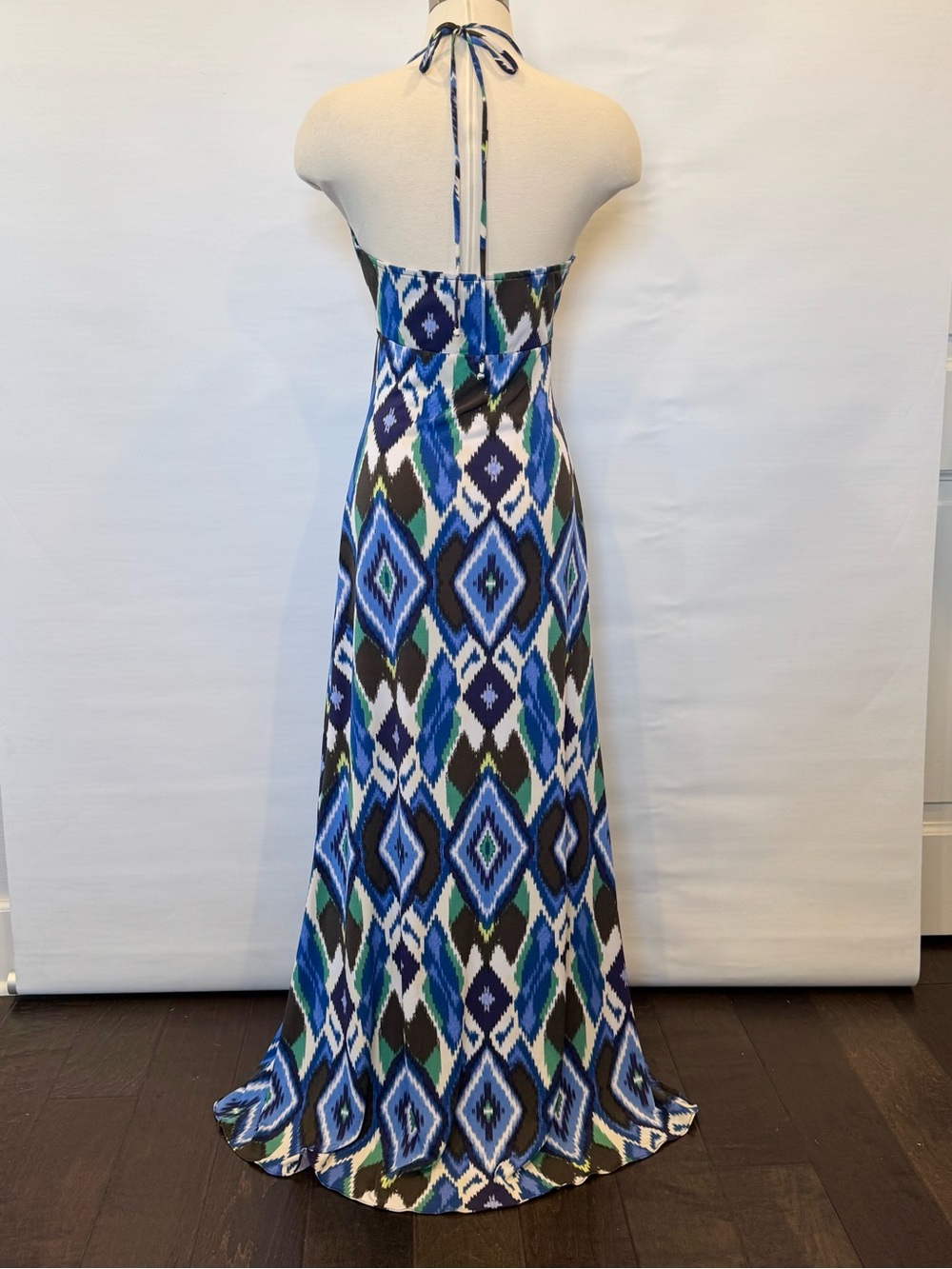 SKY IKAT Blue Brown Leather Braid Belt Keyhole Halter Maxi Gown Slip Dress NWOT - Picture 10 of 11